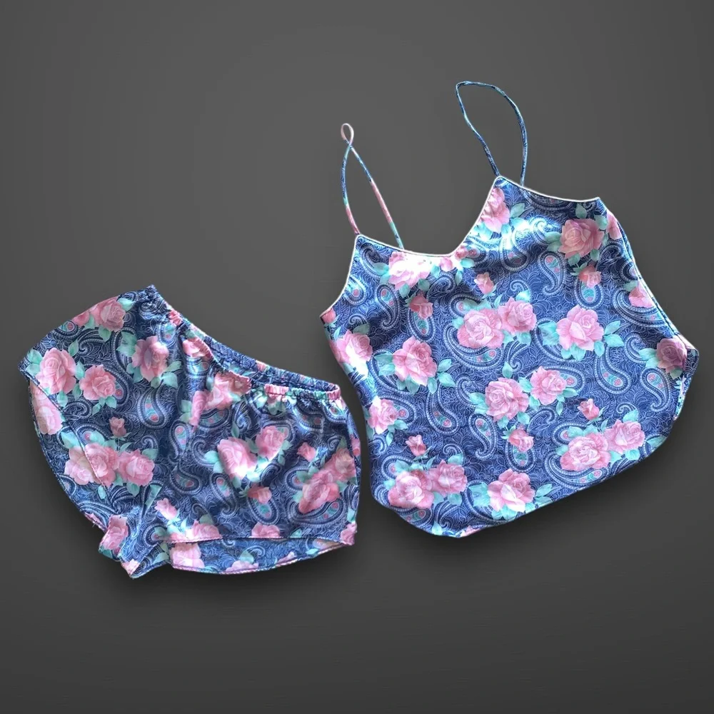 s a t i n :: Silky Floral 3pc Set Satin Robe Shorts Camisole - Picture 10 of 13